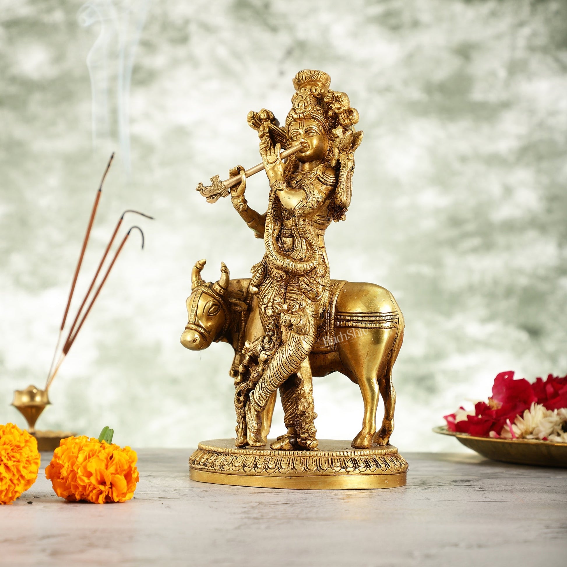 Brass Lord Krishna with Cow Idol - 9.5 Inch