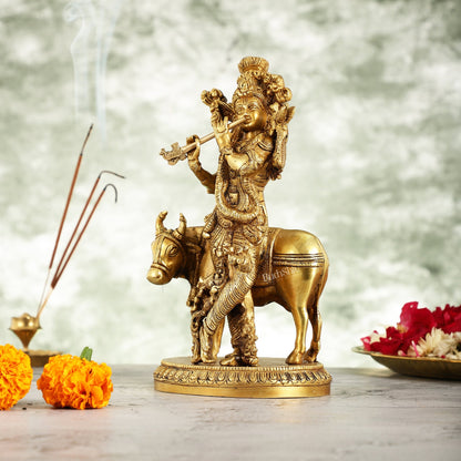 Brass Lord Krishna with Cow Idol - 9.5 Inch