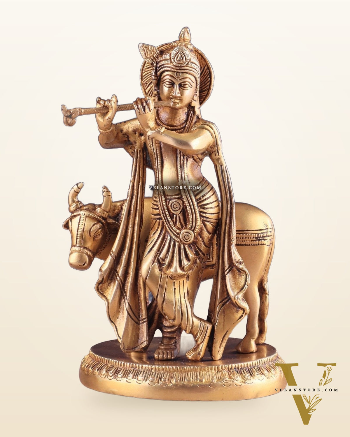 Brass Lord Krishna with Cow Idol - Intricately Handcrafted, 8.5 Inches