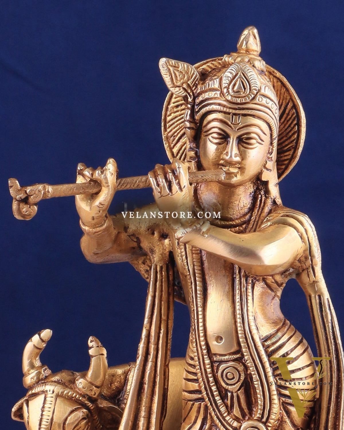 Brass Lord Krishna with Cow Idol - Intricately Handcrafted, 8.5 Inches