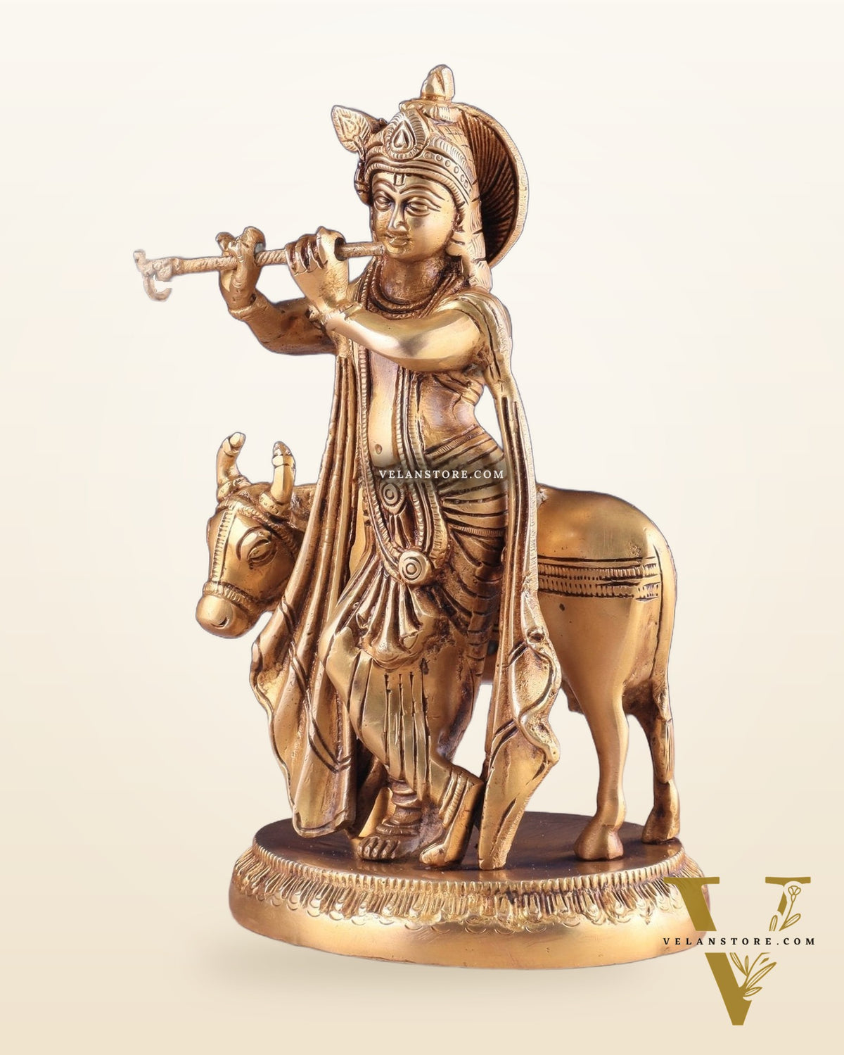 Brass Lord Krishna with Cow Idol - Intricately Handcrafted, 8.5 Inches