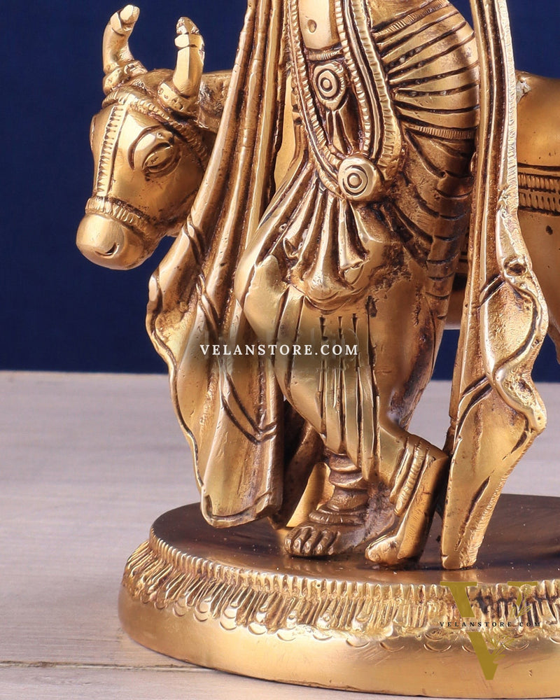 Brass Lord Krishna with Cow Idol - Intricately Handcrafted, 8.5 Inches