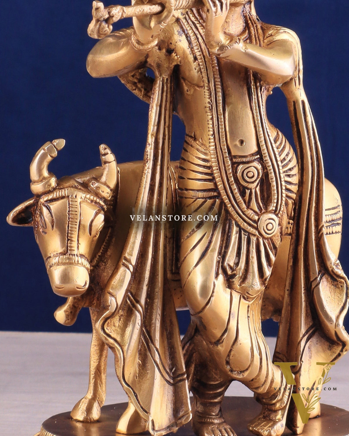 Brass Lord Krishna with Cow Idol - Intricately Handcrafted, 8.5 Inches