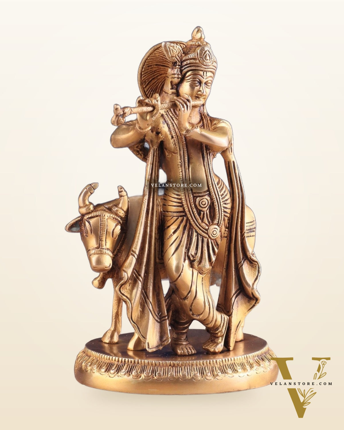 Brass Lord Krishna with Cow Idol - Intricately Handcrafted, 8.5 Inches