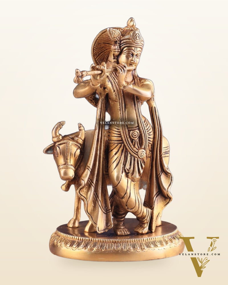 Brass Lord Krishna with Cow Idol - Intricately Handcrafted, 8.5 Inches