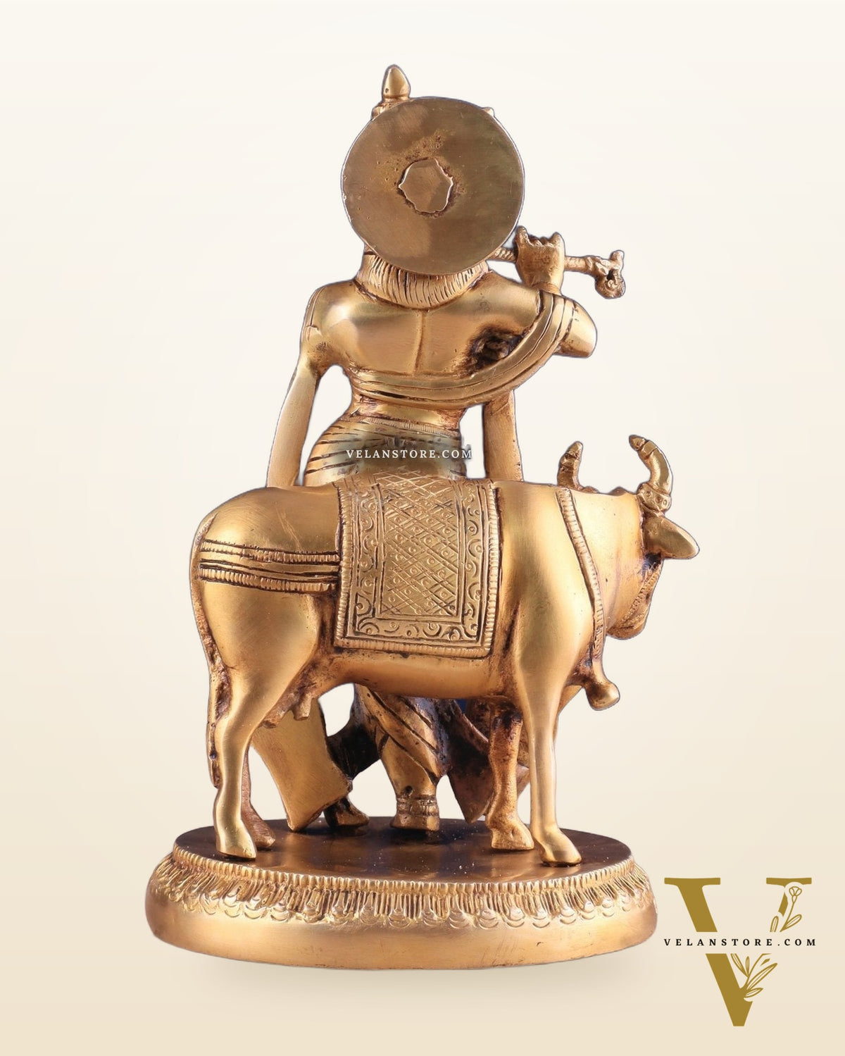 Brass Lord Krishna with Cow Idol - Intricately Handcrafted, 8.5 Inches