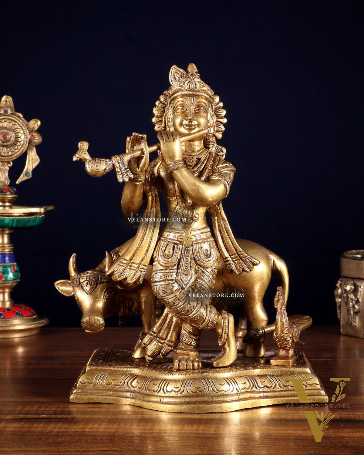 Brass Lord Krishna with Cow Statue Idol Murti 8 inch