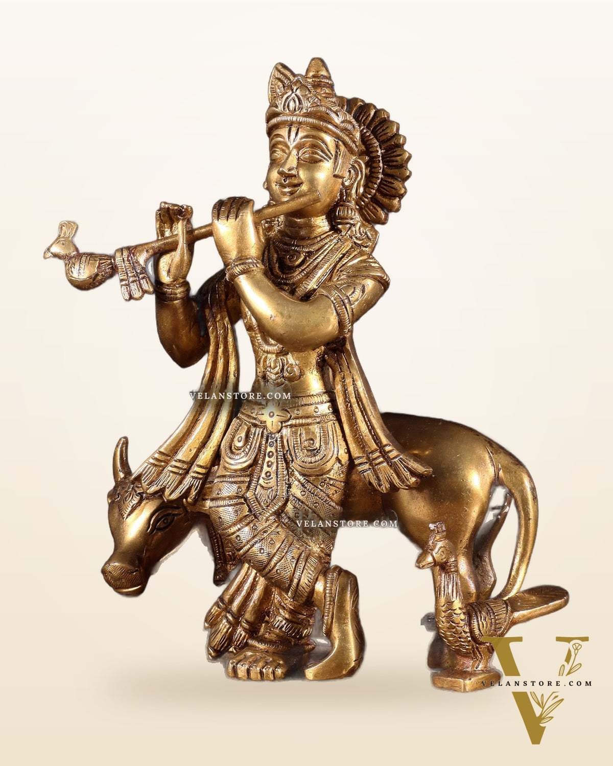 Brass Lord Krishna with Cow Statue Idol Murti 8 inch