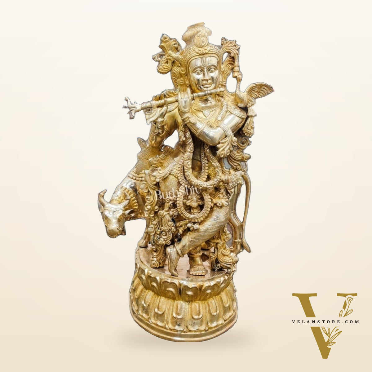 Brass Lord Krishna with Cow Statue | Large Size | 46"/ 4 feet