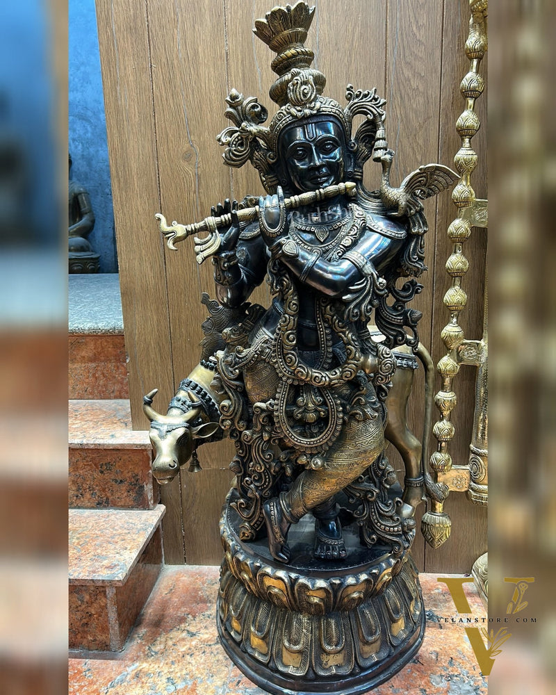 Brass Lord Krishna with Cow Statue | Large Size | 46"/ 4 feet