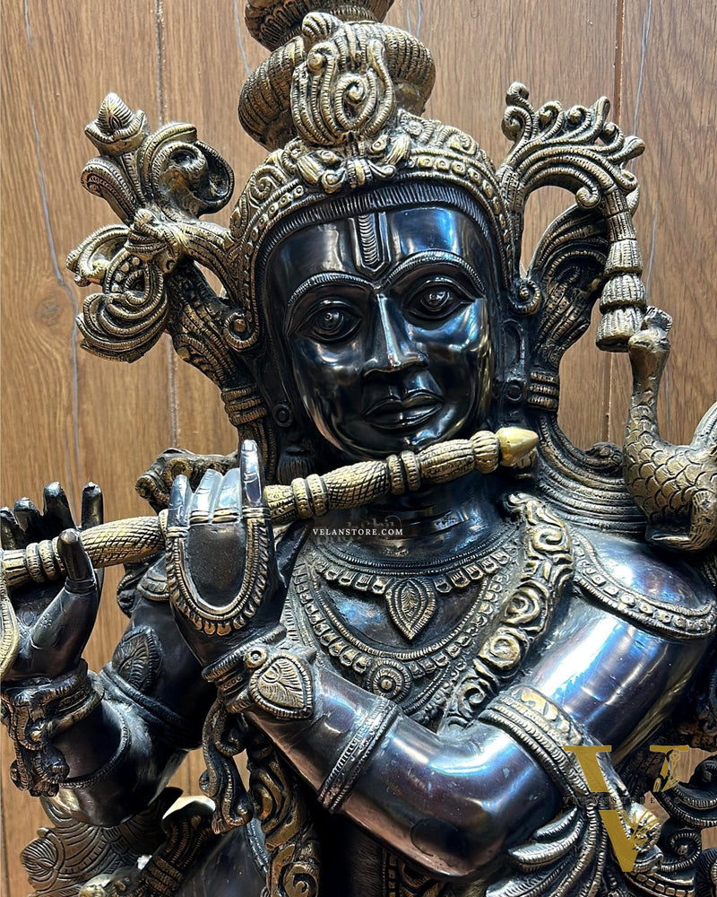 Brass Lord Krishna with Cow Statue | Large Size | 46"/ 4 feet