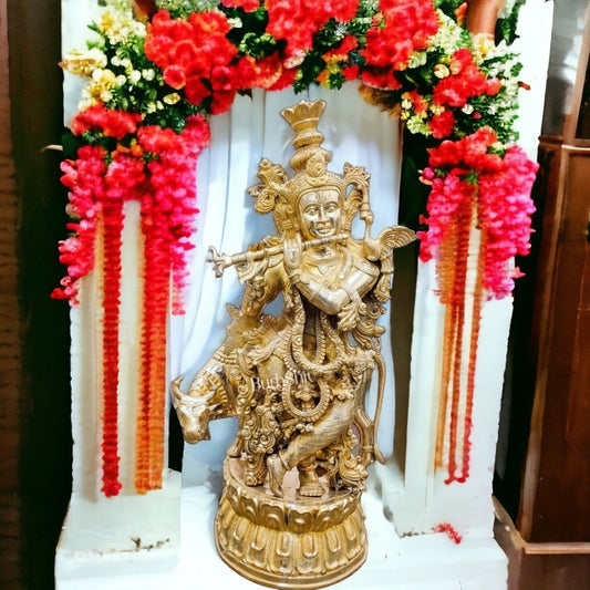 Brass Lord Krishna with Cow Statue | Large Size | 46"/ 4 feet