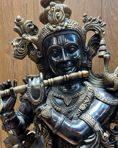 Brass Lord Krishna with Cow Statue | Large Size | 46"/ 4 feet