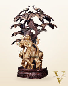 Brass Lord Krishna with Cow under Kalpavriksha – Large Statue 33" glossy copper and gold tone