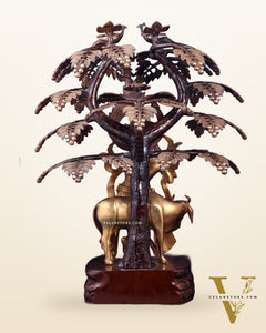 Brass Lord Krishna with Cow under Kalpavriksha – Large Statue 33" glossy copper and gold tone