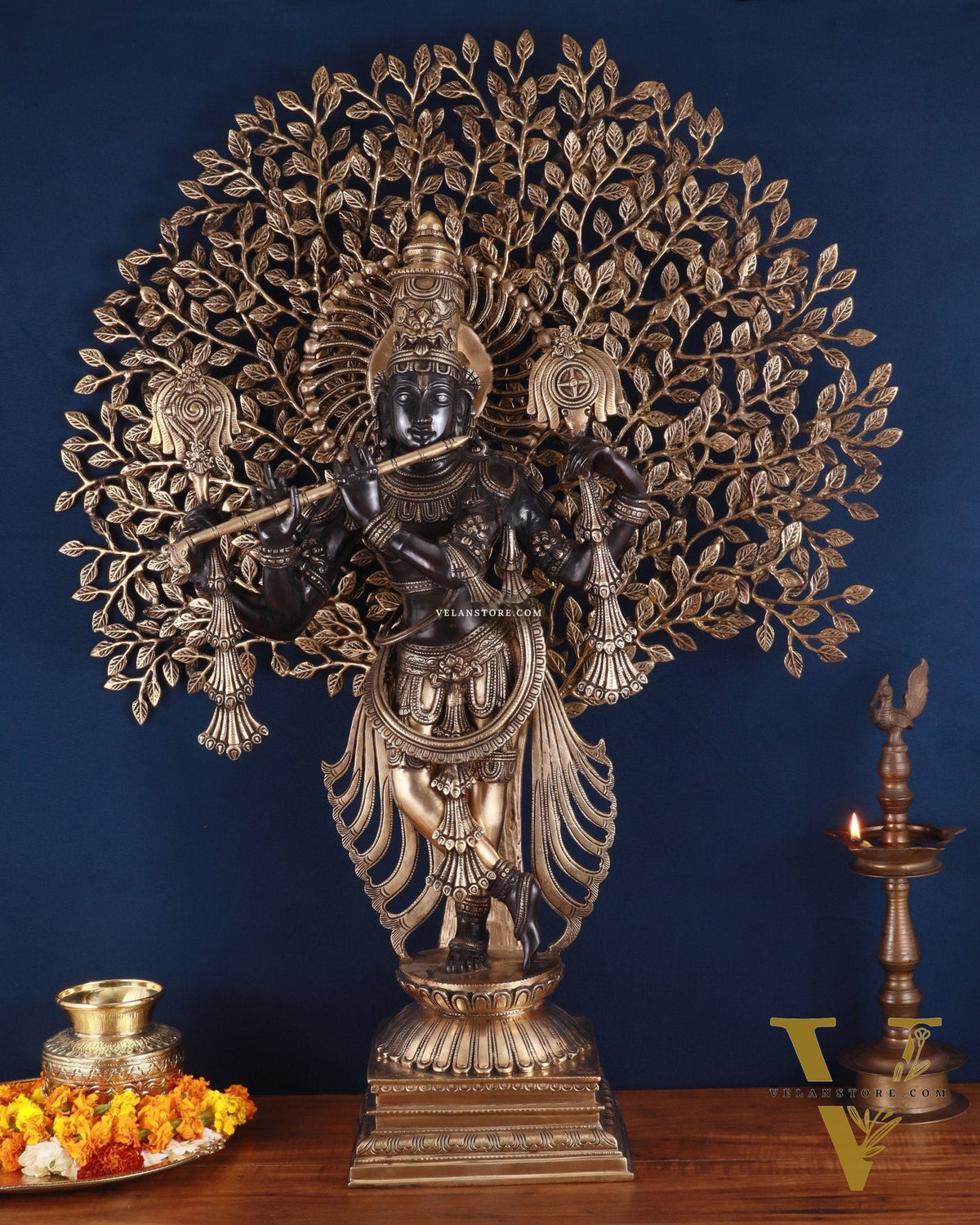 Brass Lord Krishna with Kalpavriksha Statue – Black Edition, 37.2 Inch, 35.2 Kg