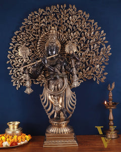 Brass Lord Krishna with Kalpavriksha Statue – Black Edition, 37.2 Inch, 35.2 Kg