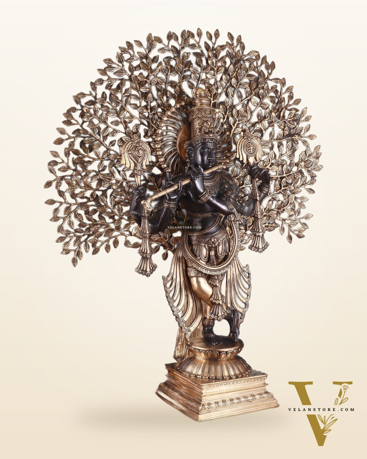 Brass Lord Krishna with Kalpavriksha Statue – Black Edition, 37.2 Inch, 35.2 Kg