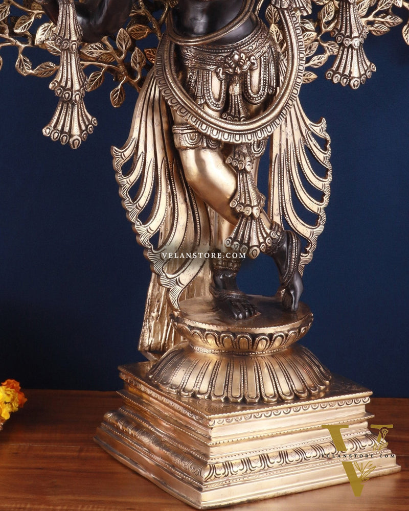 Brass Lord Krishna with Kalpavriksha Statue – Black Edition, 37.2 Inch, 35.2 Kg