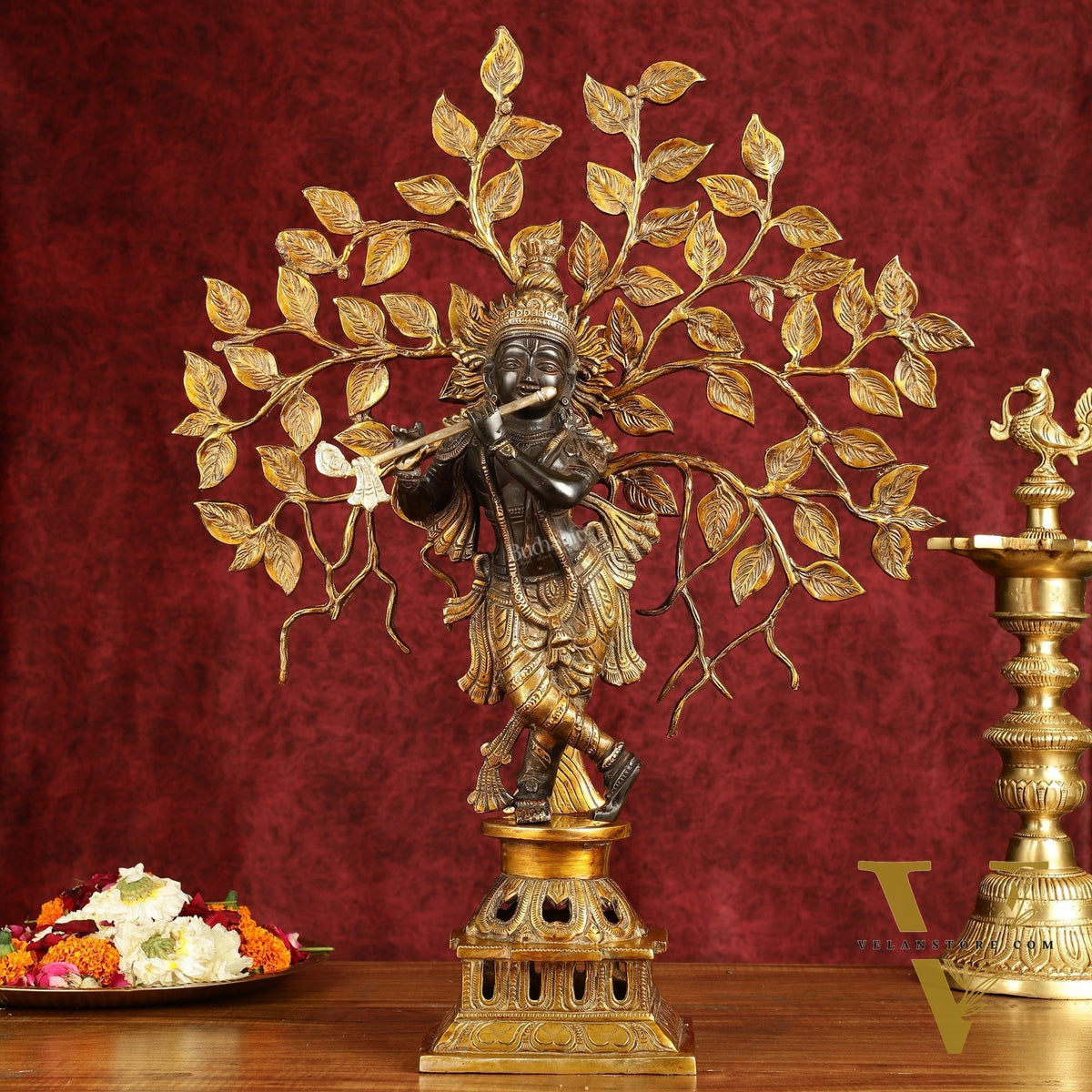 Brass Lord Krishna with Kalpavriksha tree black statue 21 inch