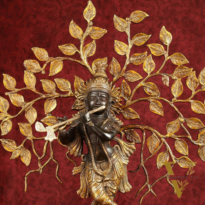 Brass Lord Krishna with Kalpavriksha tree black statue 21 inch