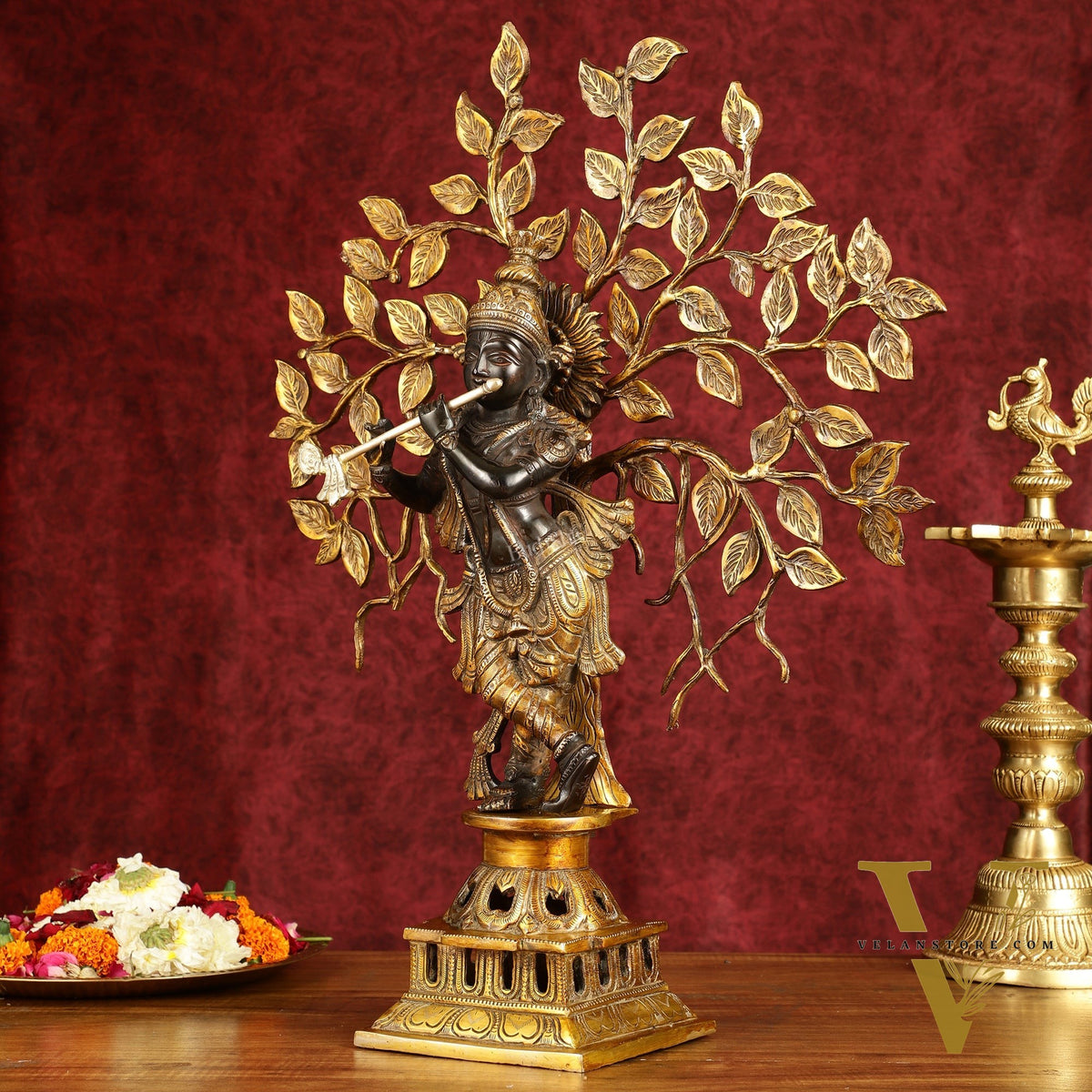 Brass Lord Krishna with Kalpavriksha tree black statue 21 inch