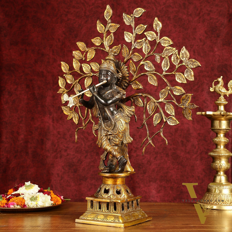 Brass Lord Krishna with Kalpavriksha tree black statue 21 inch