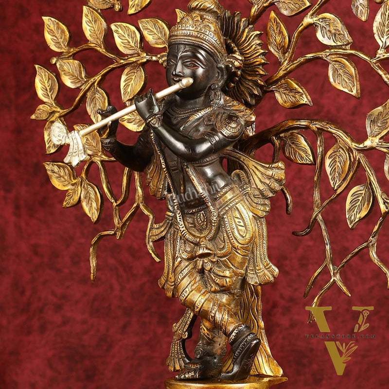 Brass Lord Krishna with Kalpavriksha tree black statue 21 inch