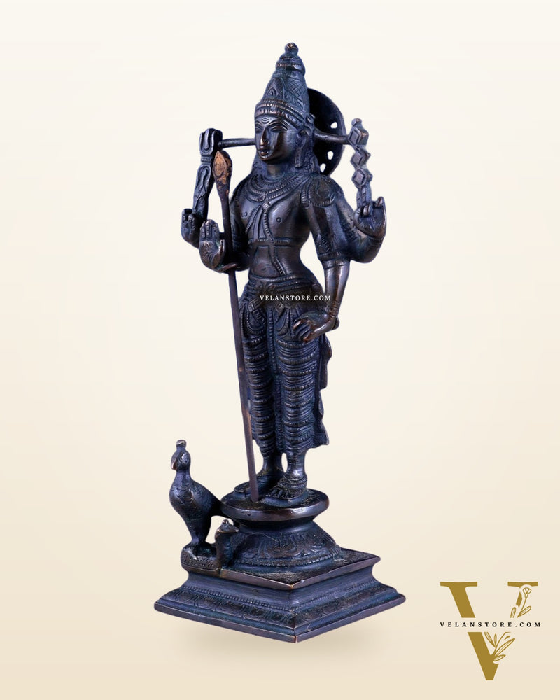 Brass Lord Murugan Standing with Peacock Idol – Vintage Bronze Tone, 8"