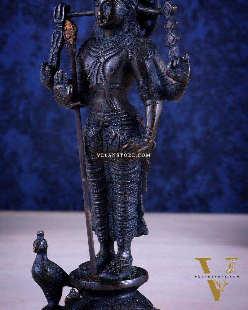 Brass Lord Murugan Standing with Peacock Idol – Vintage Bronze Tone, 8"