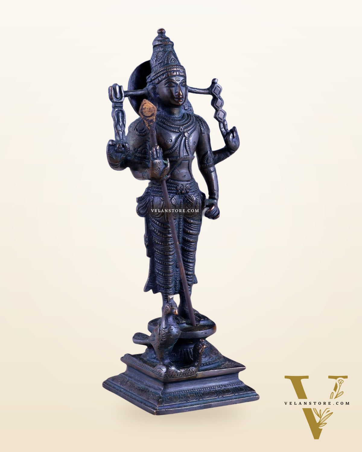 Brass Lord Murugan Standing with Peacock Idol – Vintage Bronze Tone, 8"