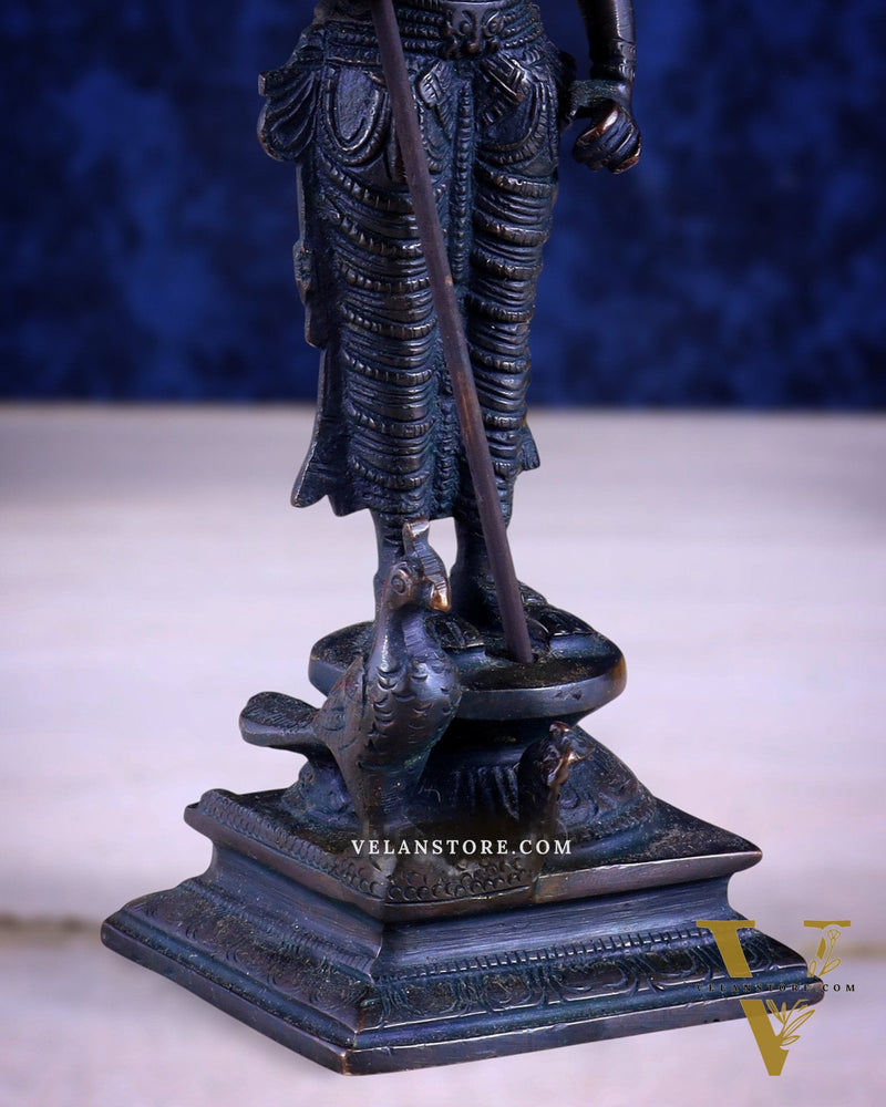 Brass Lord Murugan Standing with Peacock Idol – Vintage Bronze Tone, 8"
