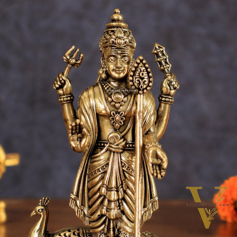 Brass Lord Murugan Swamy Kartikeya Intricate Idol - 6 Inch