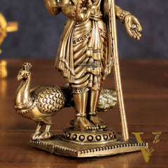 Brass Lord Murugan Swamy Kartikeya Intricate Idol - 6 Inch