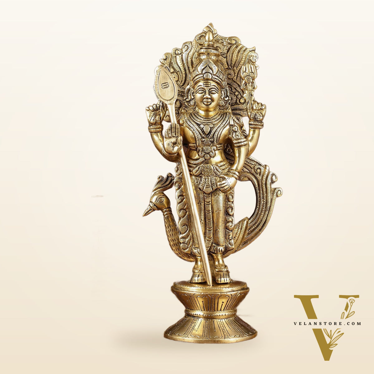 Brass Lord Murugan with Peacock Idol | Height: 14 inch