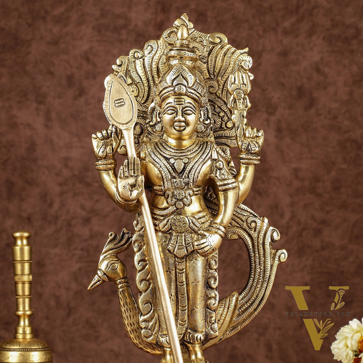 Brass Lord Murugan with Peacock Idol | Height: 14 inch