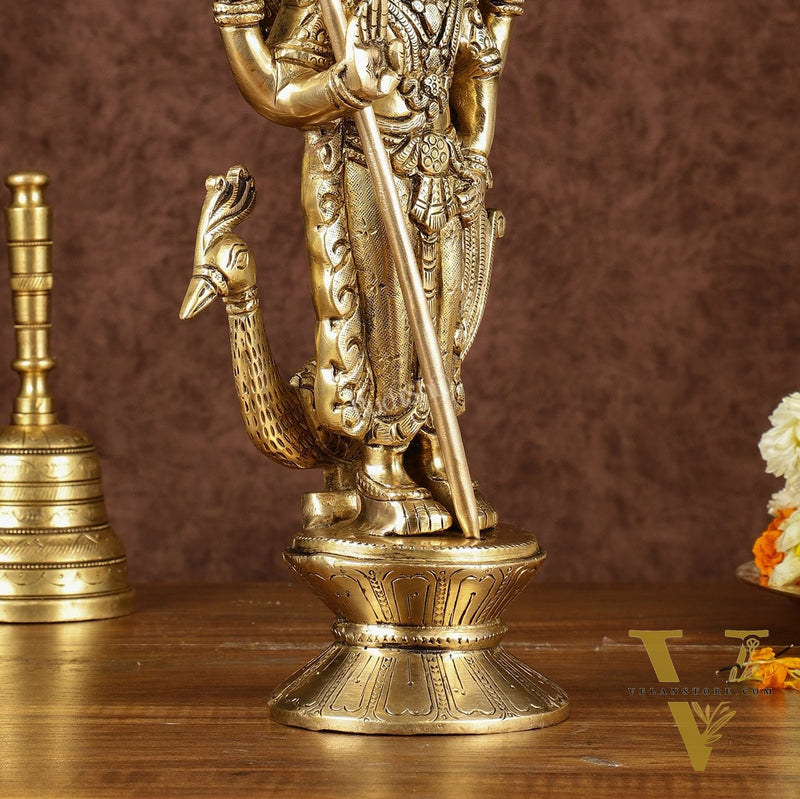Brass Lord Murugan with Peacock Idol | Height: 14 inch