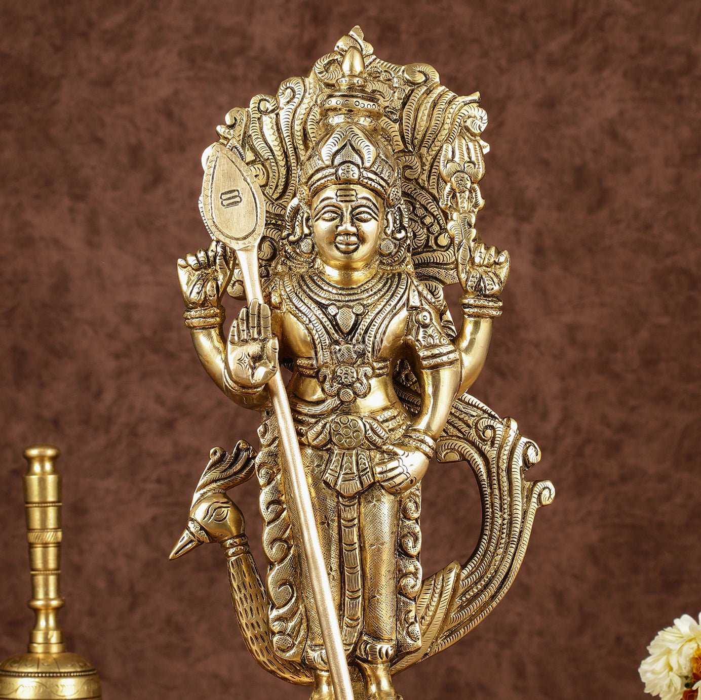 Brass Lord Murugan with Peacock Idol | Height: 14 inch