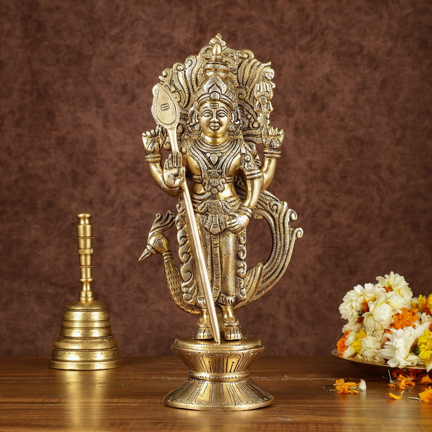 Brass Lord Murugan with Peacock Idol | Height: 14 inch