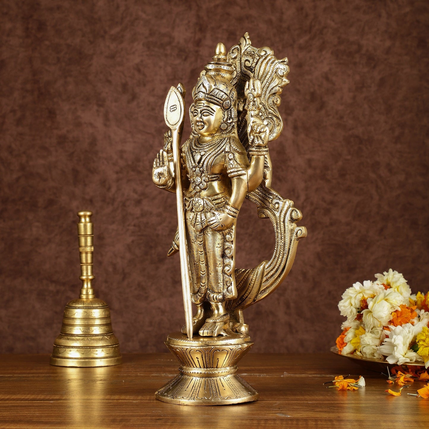 Brass Lord Murugan with Peacock Idol | Height: 14 inch