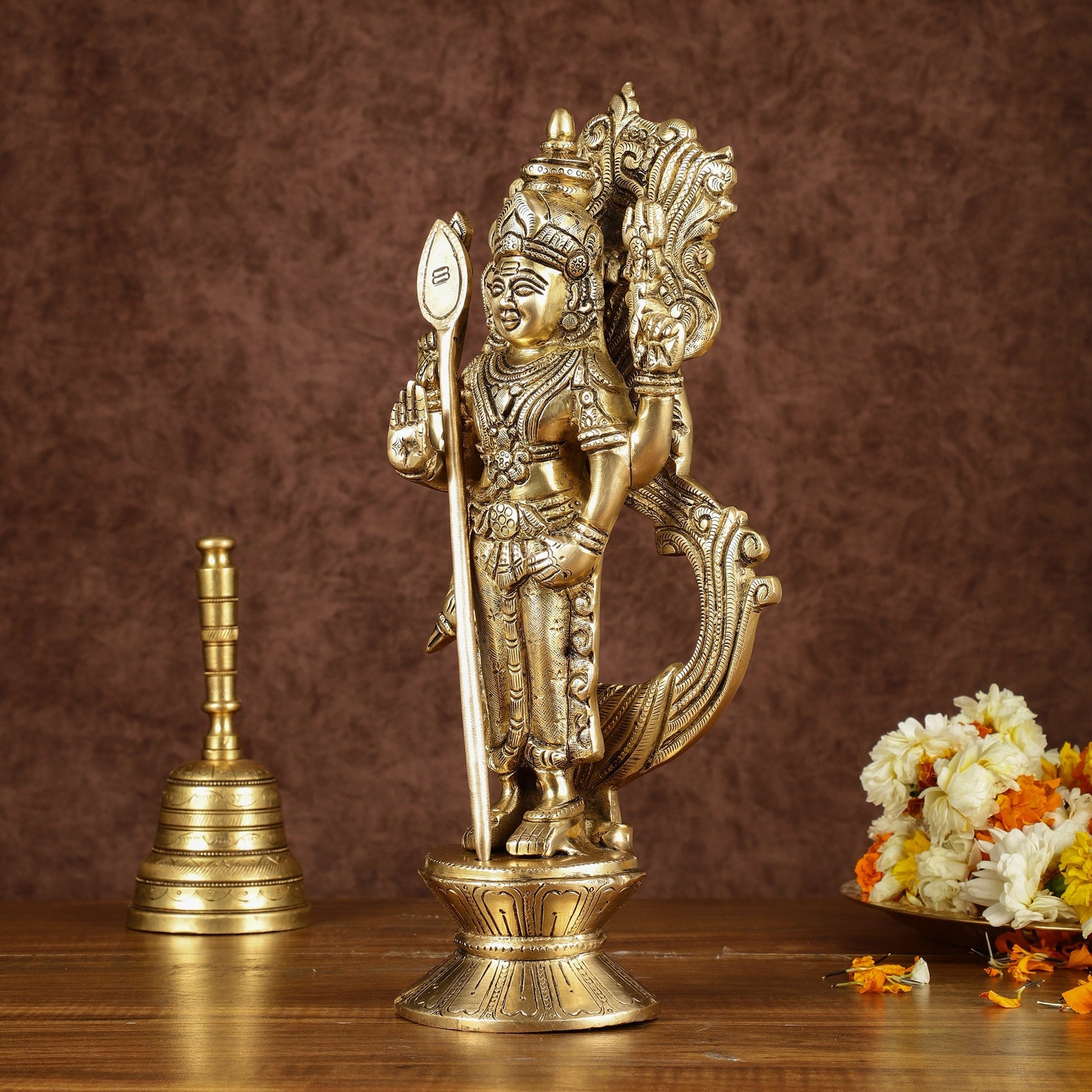 Brass Lord Murugan with Peacock Idol | Height: 14 inch