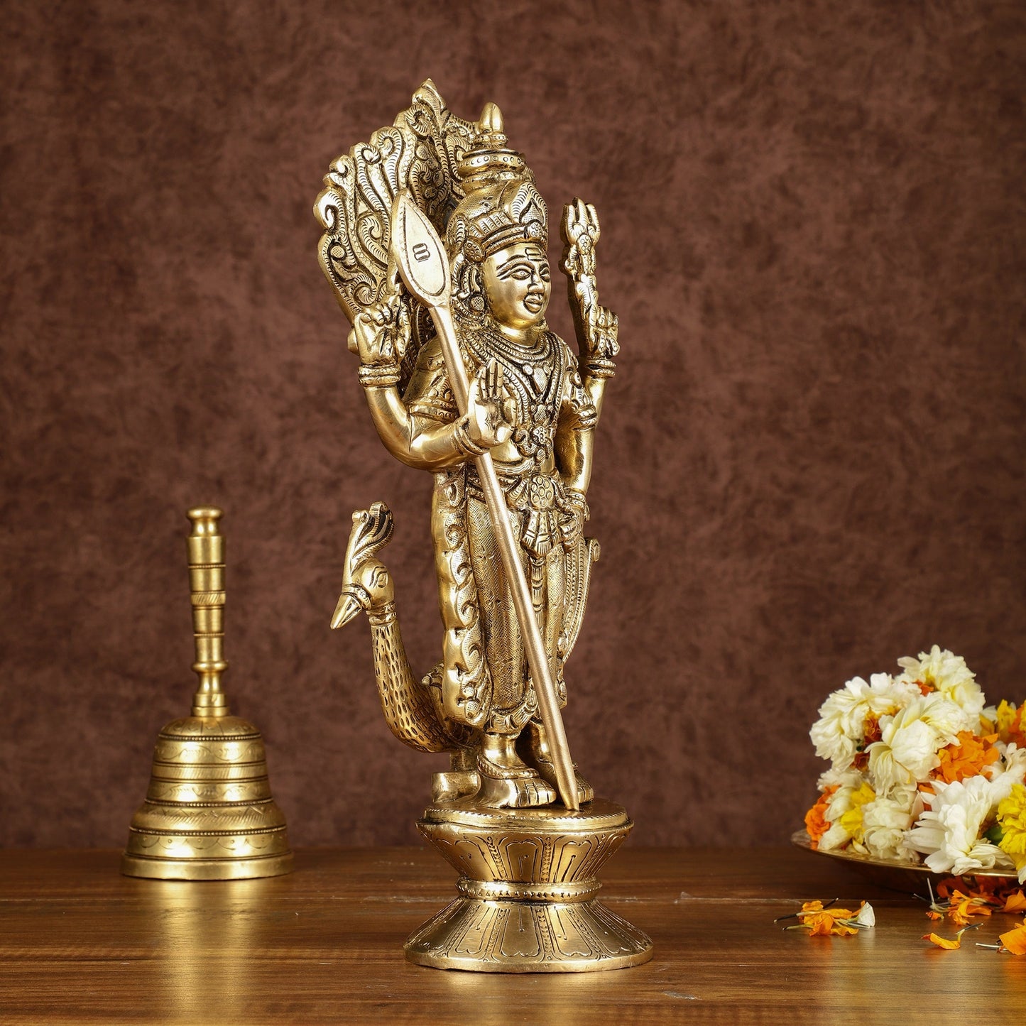 Brass Lord Murugan with Peacock Idol | Height: 14 inch
