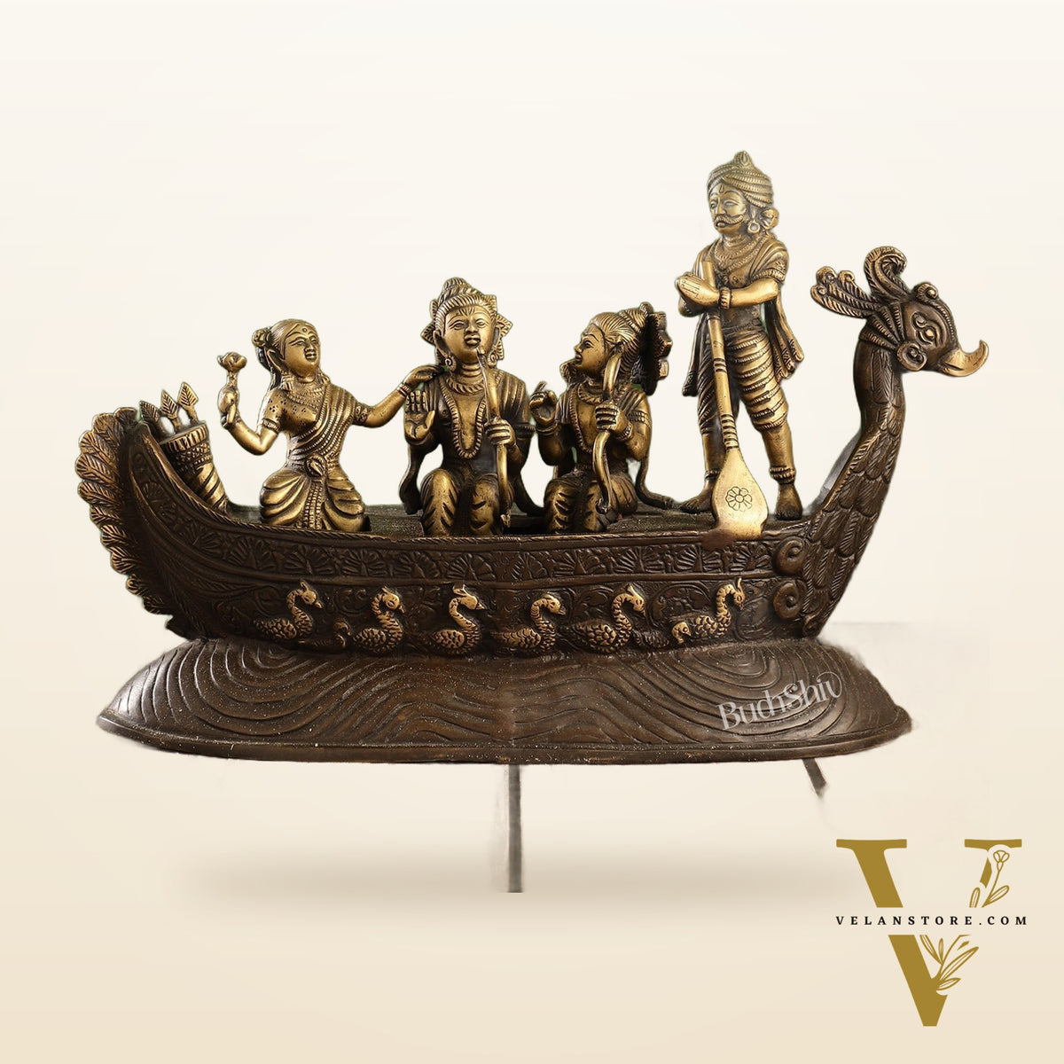 Brass Lord Rama, Sita, and Lakshmana Statue on boat with Kewat statue