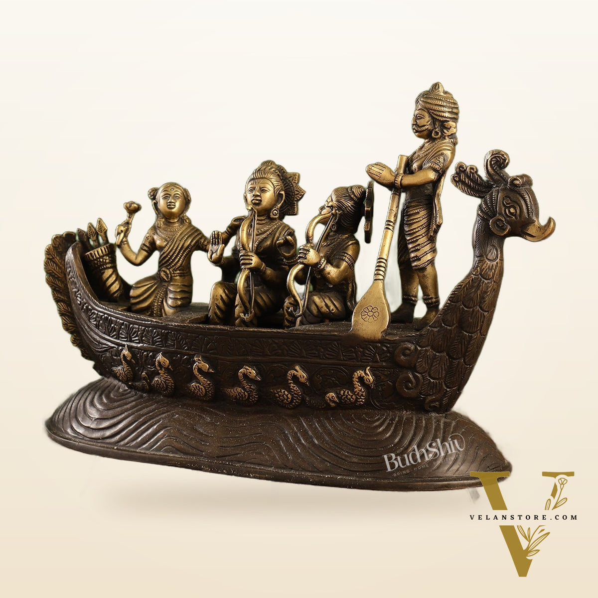 Brass Lord Rama, Sita, and Lakshmana Statue on boat with Kewat statue