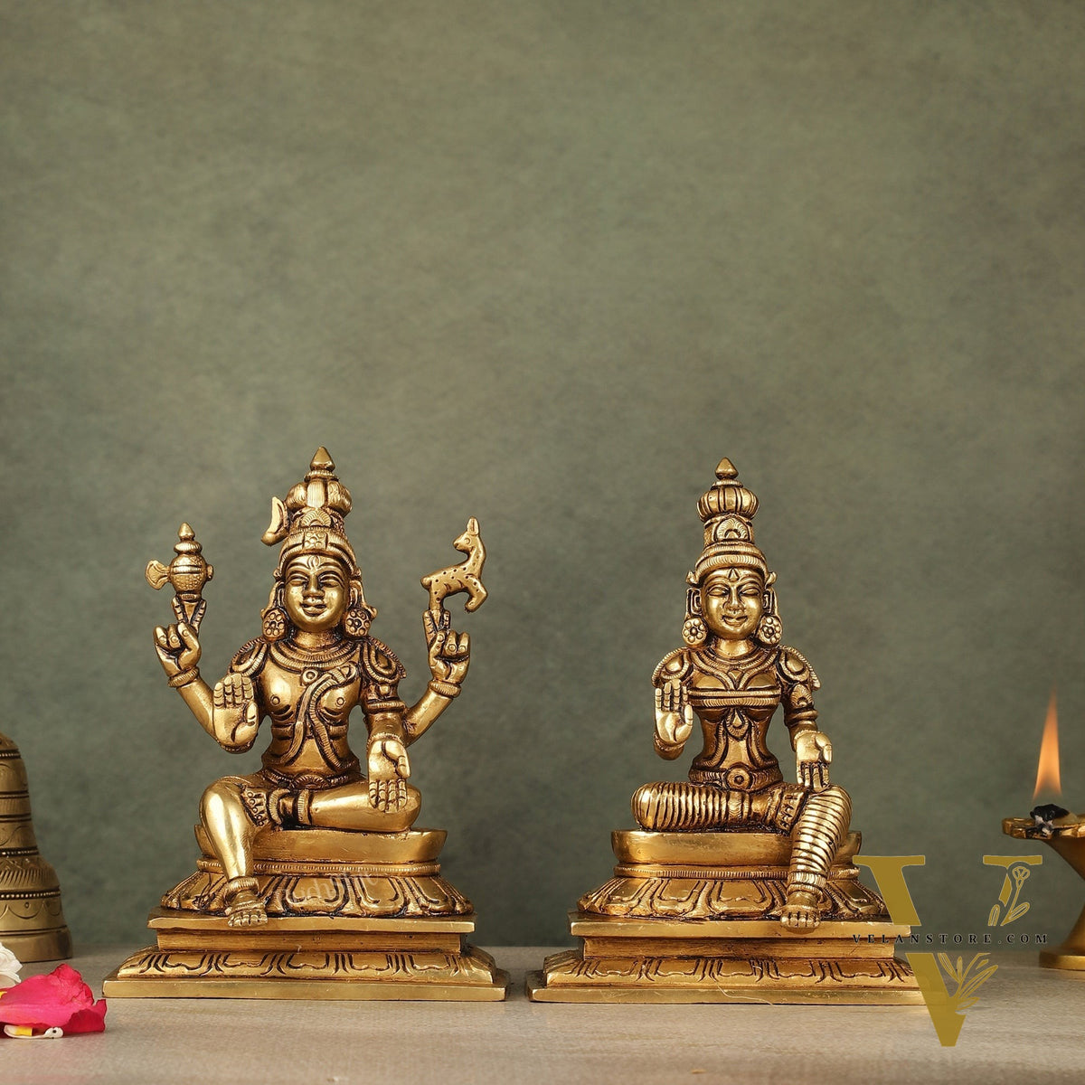 Brass Lord Shiva and Goddess Parvati Sitting Idols - 6.5 inch