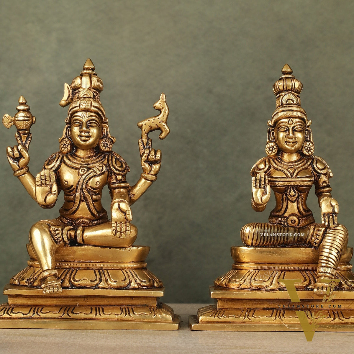 Brass Lord Shiva and Goddess Parvati Sitting Idols - 6.5 inch