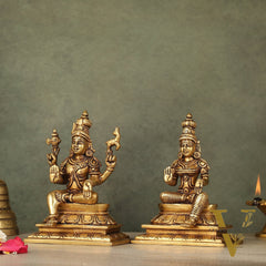 Brass Lord Shiva and Goddess Parvati Sitting Idols - 6.5 inch