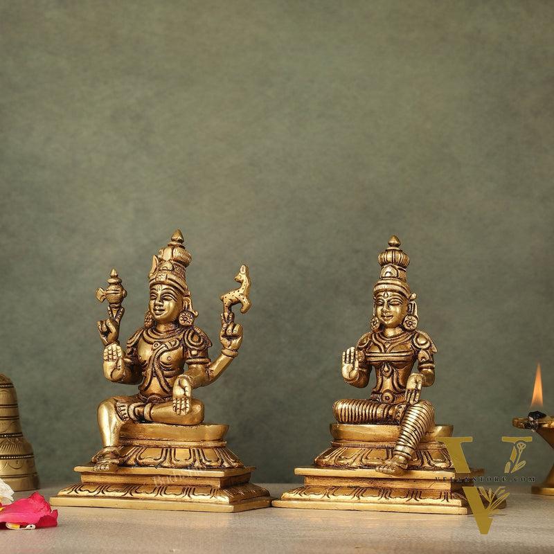 Brass Lord Shiva and Goddess Parvati Sitting Idols - 6.5 inch