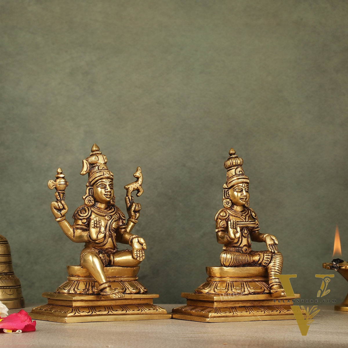 Brass Lord Shiva and Goddess Parvati Sitting Idols - 6.5 inch