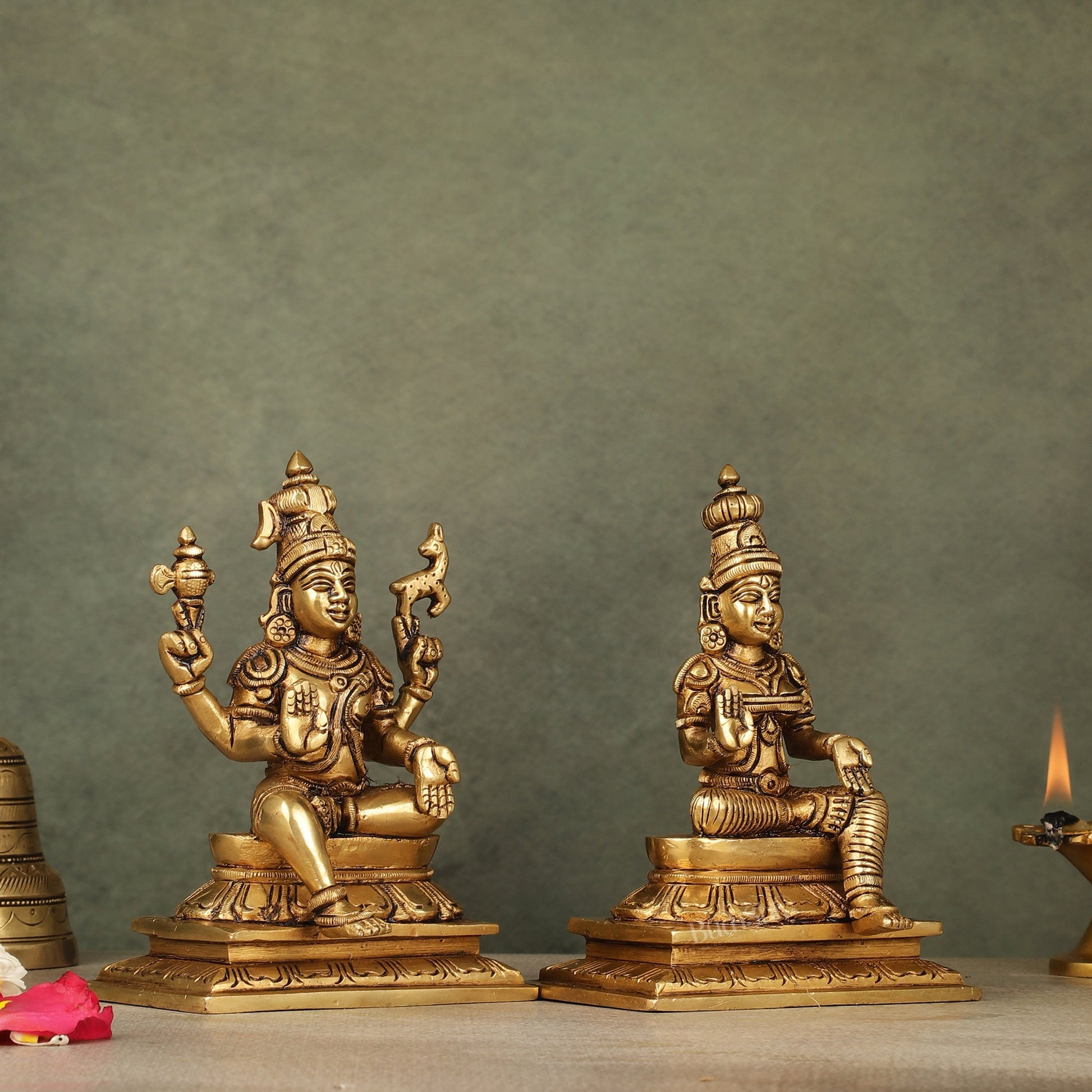 Brass Lord Shiva and Goddess Parvati Sitting Idols - 6.5 inch